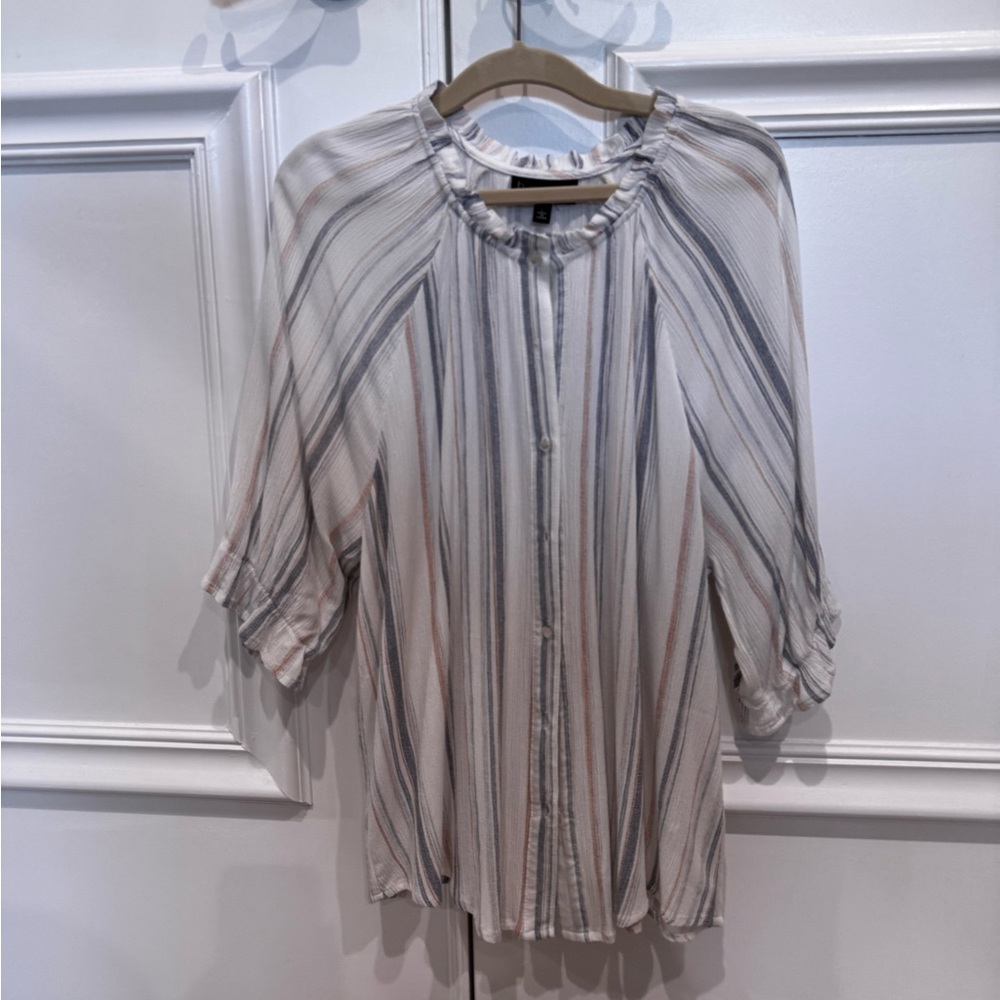Bobeau White with blue and rust Stripes Blouse size L
